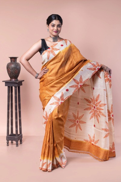 Yellow tussar silk saree for all day time events -Ramdhanu Ethnic