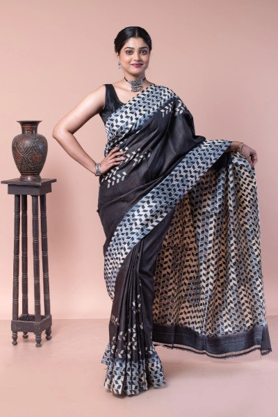 This black tussar silk saree is a perfect party wear -Ramdhanu Ethnic