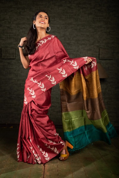 Crimson Red Tussar Silk Saree with Multicolor Aanchal Design -Ramdhanu Ethnic