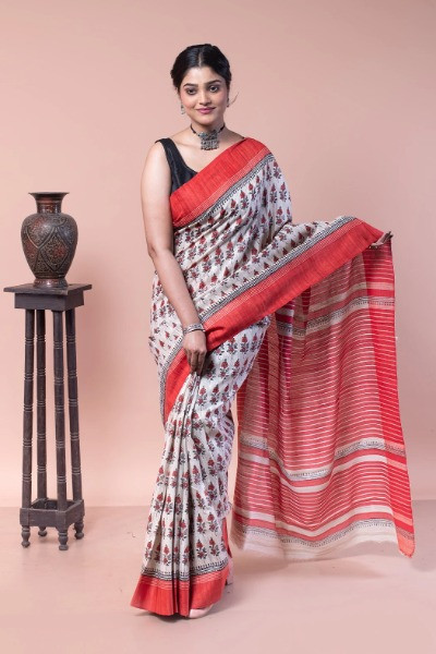 Printed Tussar Ghicha Silk Saree for all-day time occasions -Ramdhanu Ethnic