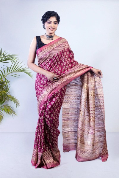 Classy block printed ghicha tussar silk perfect for all-day wear -Ramdhanu Ethnic