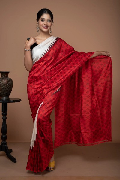 Buy this classic red and white silk saree for daytime event -Ramdhanu Ethnic