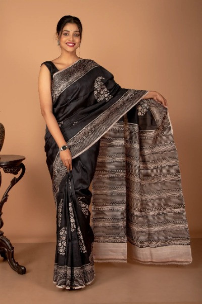 Pure Mulberry Black Silk Saree perfect for evening Party wear -Ramdhanu Ethnic