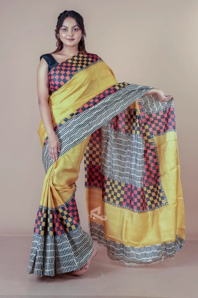 Hand block printed tussar sarees in golden yellow color -Ramdhanu Ethnic