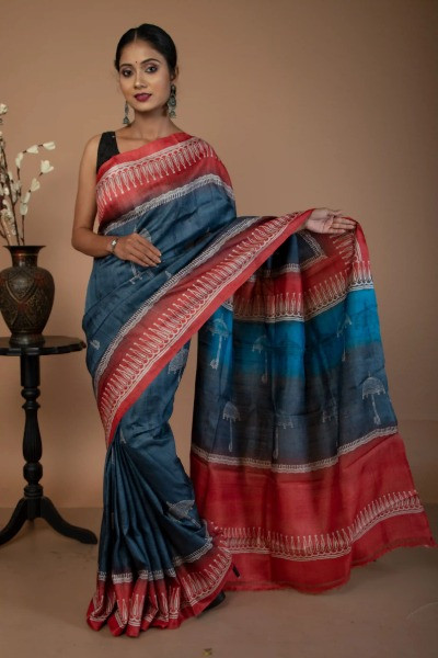 Buy this stunning grey and red saree from Ramdhanu Ethnic -Ramdhanu Ethnic