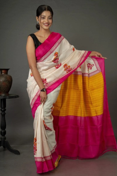 White and pink silk saree is Perfect for all celebration wear -Ramdhanu Ethnic