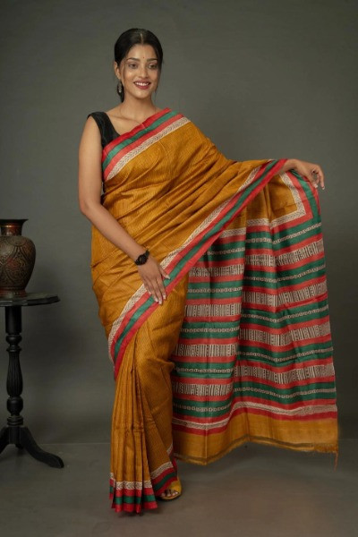 Mustard green and red tussar silk block print saree -Ramdhanu Ethnic