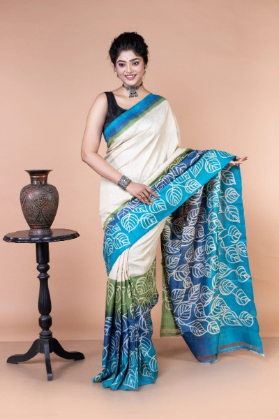 Leaf Green And Bluish Grey Hand Painted Tussar Silk Saree -Ramdhanu Ethnic