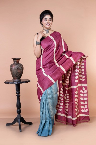 Handpainted Tussar Silk Maroon Colour Saree -Ramdhanu Ethnic
