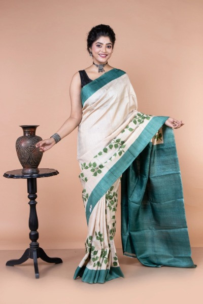 Green and white tussar silk hand paint saree -Ramdhanu Ethnic