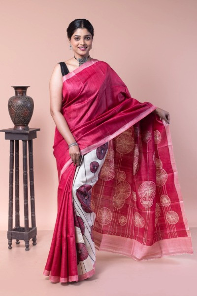 Beautiful blend of pink and white tussar silk saree -Ramdhanu Ethnic