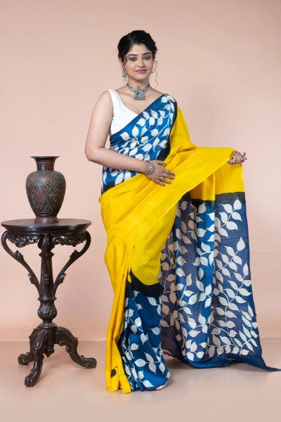 Hand Painted Yellow Colour Silk Saree -Ramdhanu Ethnic
