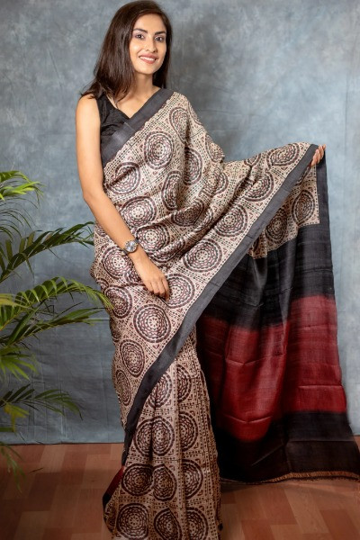 Slate Black and Maroon Block Printed Tussar Silk Saree for Party wear -Ramdhanu Ethnic