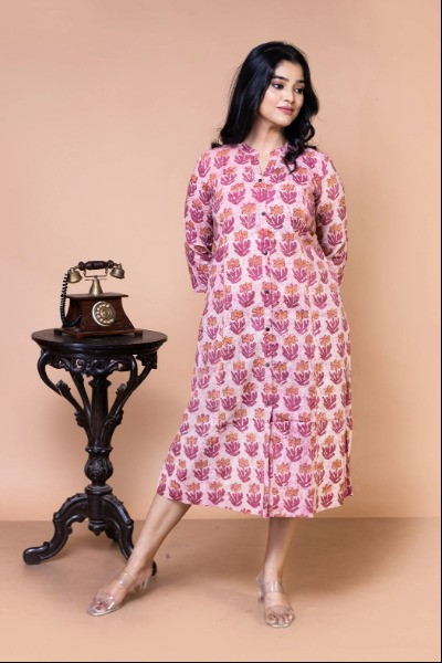 Peach Pink Ajrak Dress -Ramdhanu