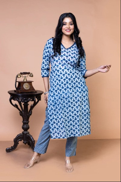 Indigo Floral Block Printed Kurta -Ramdhanu