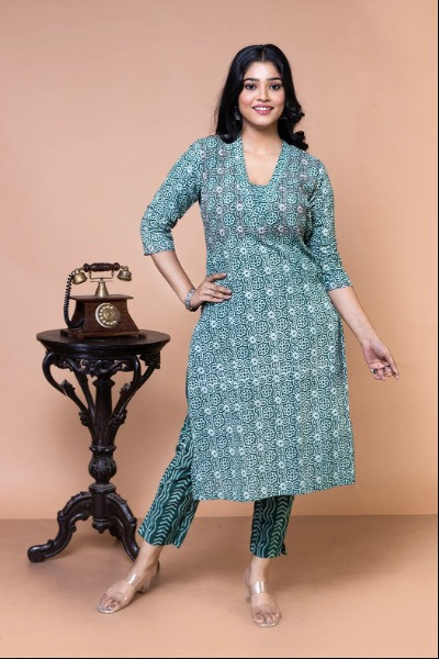 Green Hand Block Printed Kurta -Ramdhanu