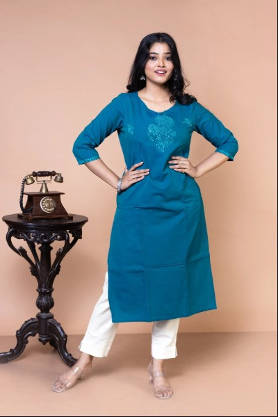 Teal colour Cotton Kurta -Ramdhanu