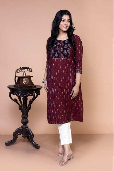 Maroon Handloom Ikkat Kurta -Ramdhanu