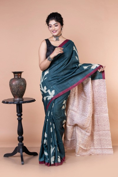 Green and white tussar silk hand paint saree -Ramdhanu