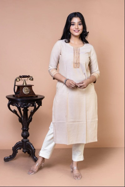 Beige Kantha Kurta -Ramdhanu