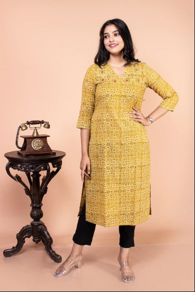 Yellow Printed Cotton Kurta -Ramdhanu