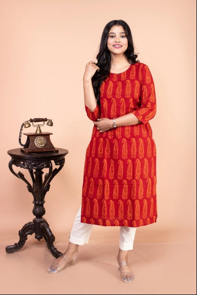 Red Gamthi Printed Kurta -Ramdhanu