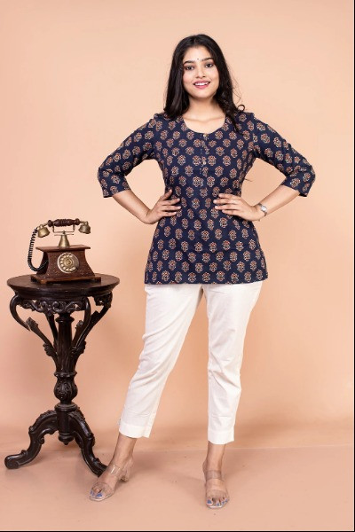 Blue Ajrak Short Top for Women -Ramdhanu