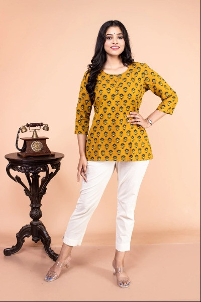 Yellow Ajrak Short Top -Ramdhanu