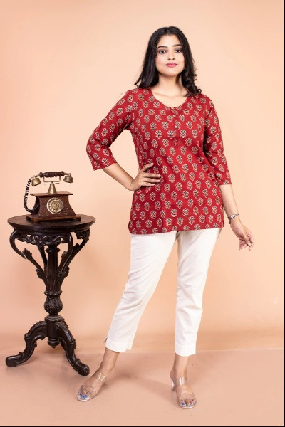 Red Ajrak Short Top for Women -Ramdhanu