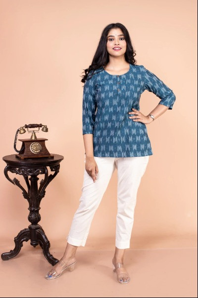 Greyish Blue Ikkat Short Top -Ramdhanu