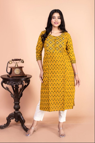 Mustard Ajrak Kurta for Women -Ramdhanu