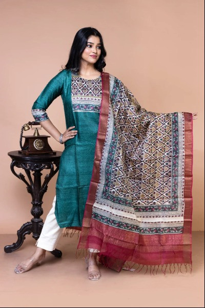 Block Printed Tussar Silk Dupatta (Dupatta Only) -Ramdhanu