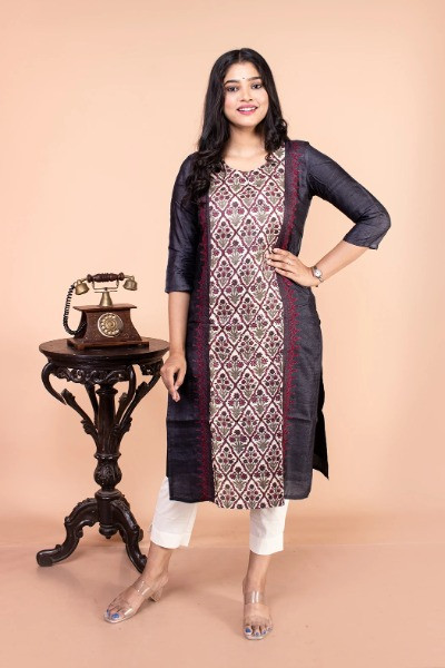 Black Printed Silk Kurta -Ramdhanu