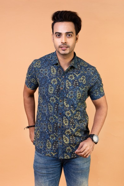 Blue Ajrakh Mens Half Shirt -Ramdhanu