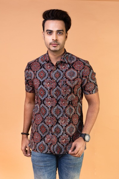 Black and Maroon Ajrakh Mens Half Shirt -Ramdhanu