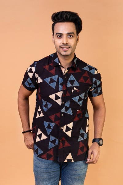 Black Ajrakh Mens Half Shirt -Ramdhanu