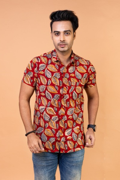 Red and Yellow Kalamkari Mens Half Shirt -Ramdhanu