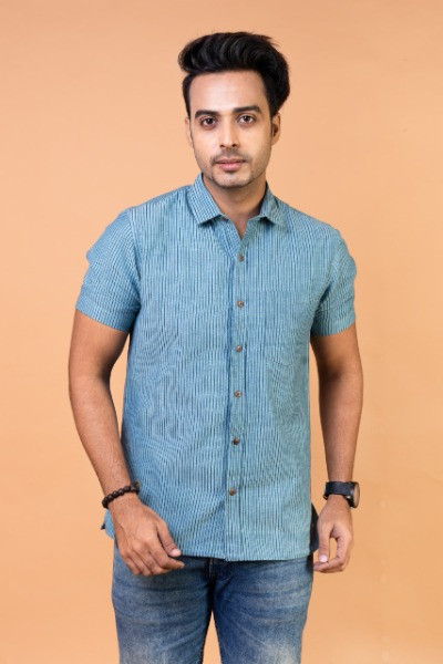 Blue Cotton Mens Half Shirt -Ramdhanu