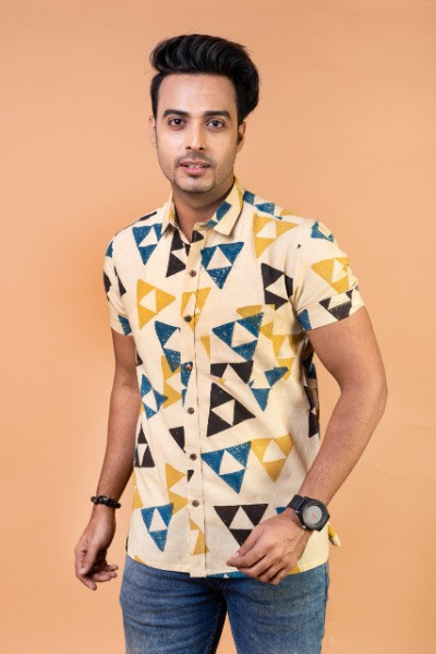 White Ajrakh Mens Half Shirt -Ramdhanu