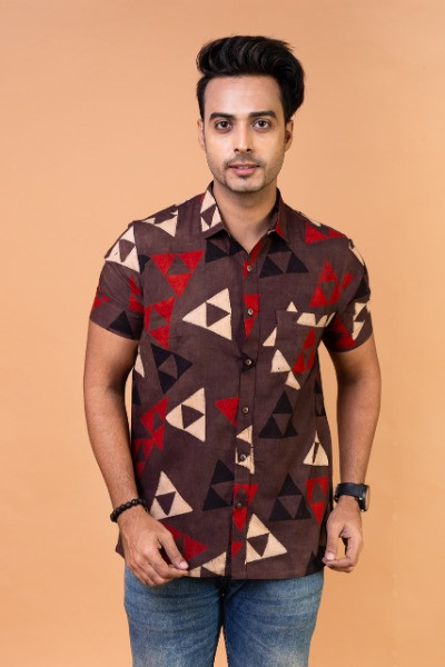 Brown Ajrakh Mens Half Shirt -Ramdhanu