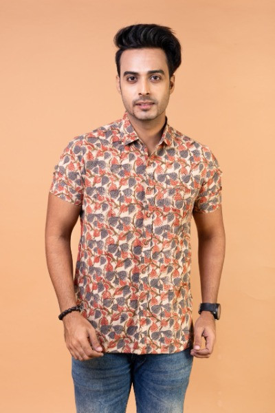 Peach and Grey Kalamkari Mens Half Shirt -Ramdhanu