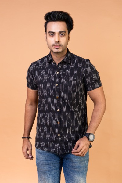 Black and Grey Ikkat Mens Half Shirt -Ramdhanu