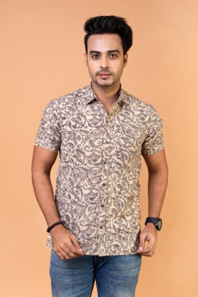 Grey Kalamkari Mens Half Shirt -Ramdhanu