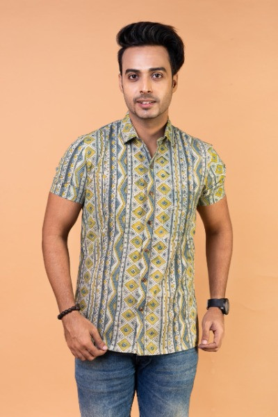 Green and Blue Ajrakh Mens Half Shirt -Ramdhanu