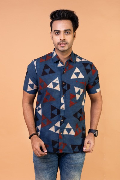 Blue Ajrakh Mens Half Shirt -Ramdhanu