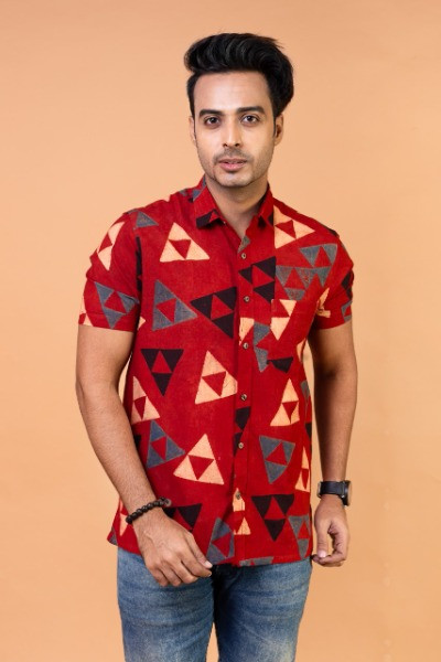 Red Ajrakh Mens Half Shirt -Ramdhanu