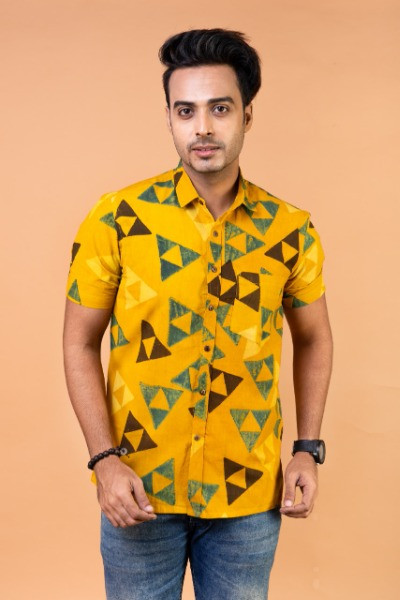 Yellow Ajrakh Mens Half Shirt -Ramdhanu