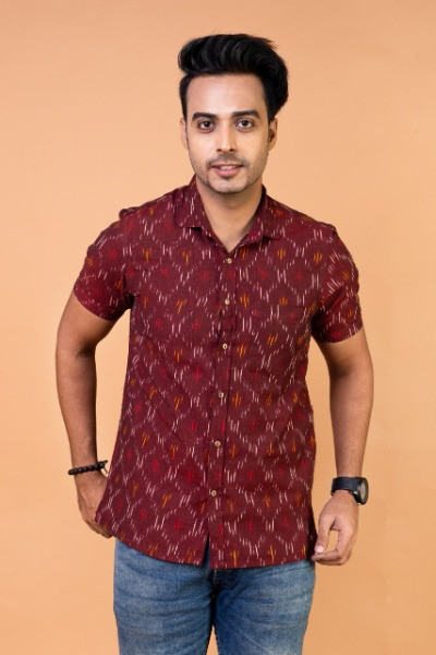 Maroon Ikkat Mens Half Shirt -Ramdhanu