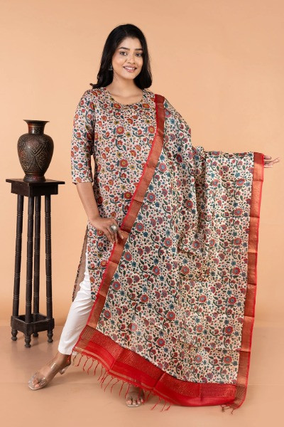 Green and Red Floral printed Tussar Dupatta (Dupatta Only) -Ramdhanu