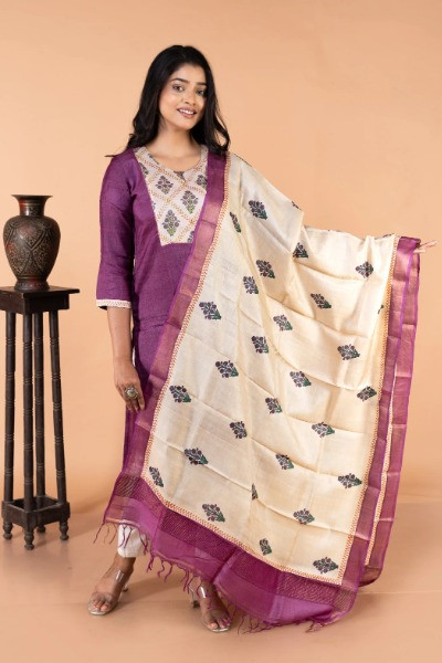 Mauve and Beige Printed Tussar Dupatta (Dupatta Only) -Ramdhanu